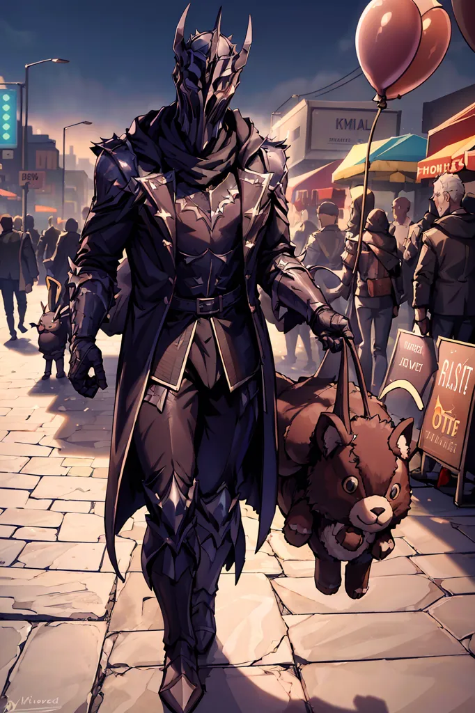 The image is of a person walking down a city street. They are wearing black armor and carrying a large stuffed bear. The person is also wearing a black cape and has a sword sheathed on their back. The street is crowded with people and there are buildings and shops on either side. The sky is dark and there are clouds in the distance.