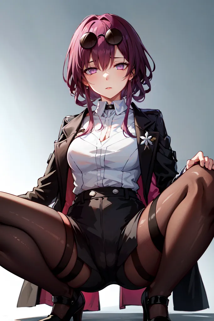 The image is of a young woman with purple hair, purple eyes, and fair skin. She is wearing a white dress shirt, black suit jacket, and black stockings. She is sitting on a chair with her legs crossed and is looking at the viewer with a serious expression. The background is a solid light gray color.