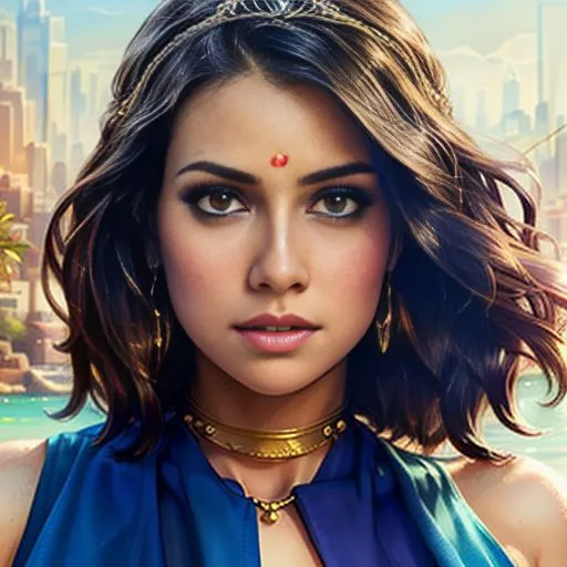 This is an image of a young woman with brown hair and brown eyes. She is wearing a blue dress with a gold necklace and a gold headpiece. She is standing in front of a blue background with a city in the distance. The woman has a bindi on her forehead and is looking at the viewer with a serious expression.