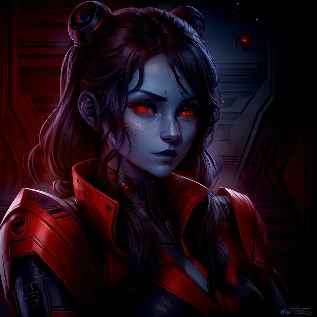 Ceci est une image d'une femme qui semble être un cyborg. Elle a des yeux rouges lumineux, des cheveux noirs attachés en deux chignons, et une tenue rouge et noire. Elle se tient dans une pièce sombre avec une lumière rouge qui brille sur elle.