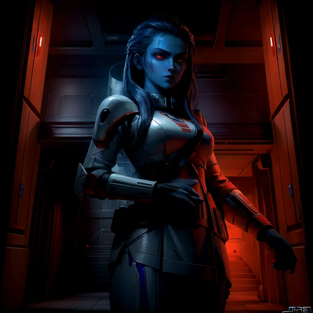 This is an image of a woman standing in a dark room. She is wearing a white and gray bodysuit with a red sash. She has long blue hair and blue eyes. Her skin is light blue. She is standing in a dark room with red lights on the walls.