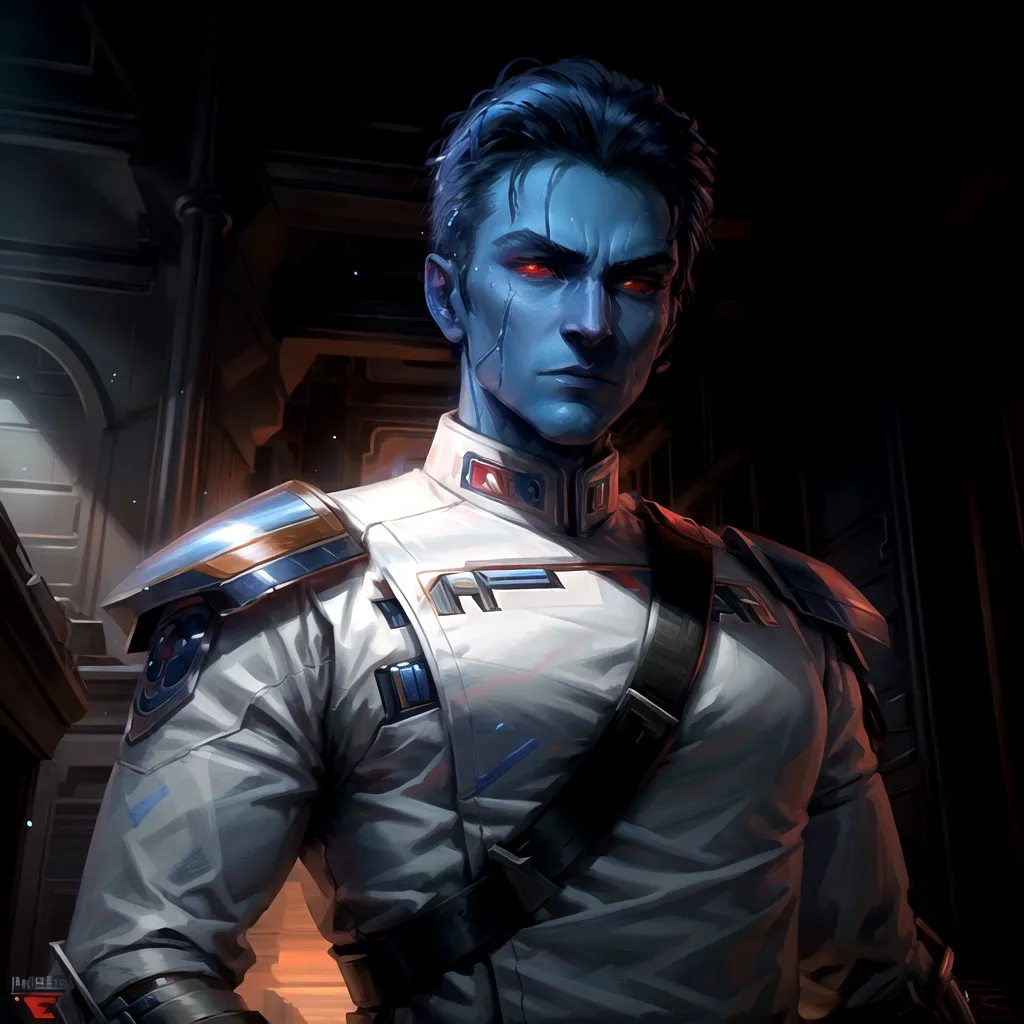 The image shows a male Chiss in his early thirties. He has dark blue skin, red eyes, and short black hair. He is wearing a white uniform with a black vest and a black belt. He has a blaster on his right hip. He is standing in a dark room with a red light on the left side of his face.