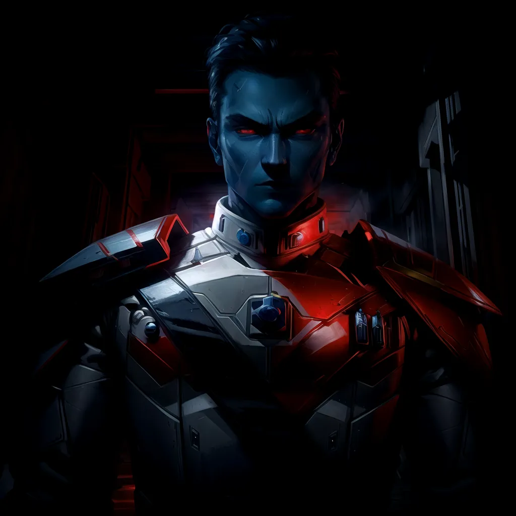 The image shows a man with blue skin and dark hair. He is wearing a dark gray uniform with red and white accents. The uniform has a high collar and a chest plate with a red circle in the center. The man's eyes are glowing blue, he has a stern expression on his face. The background is dark with a red light on the left and a blue light on the right.