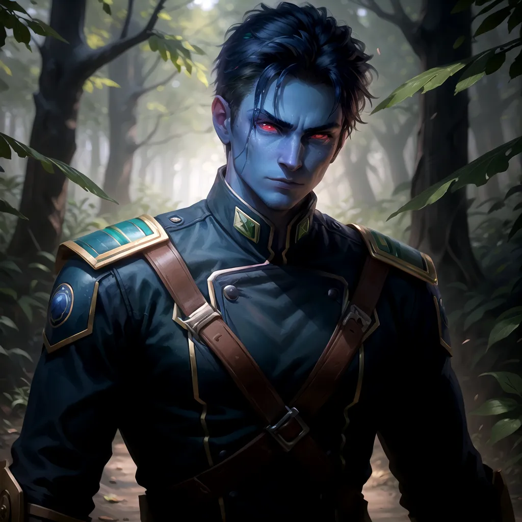 Esta es una imagen de un hombre con piel azul y ojos rojos brillantes. Parece ser un soldado, vistiendo un uniforme militar de color azul oscuro con adornos dorados. Tiene una expresión seria en su rostro y mira al espectador con la cabeza ligeramente inclinada hacia abajo en un ángulo. Está de pie en un bosque, con hojas y ramas verdes en el fondo.