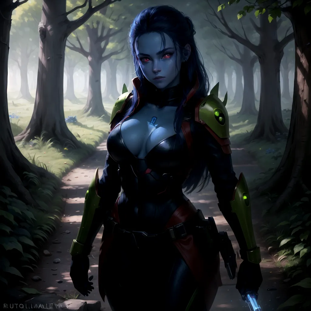 This is an image of a female warrior in a dark forest. She is wearing black and green armor and has a gun in her hand. She has blue skin and long black hair. She is standing in a path, looking to the left.