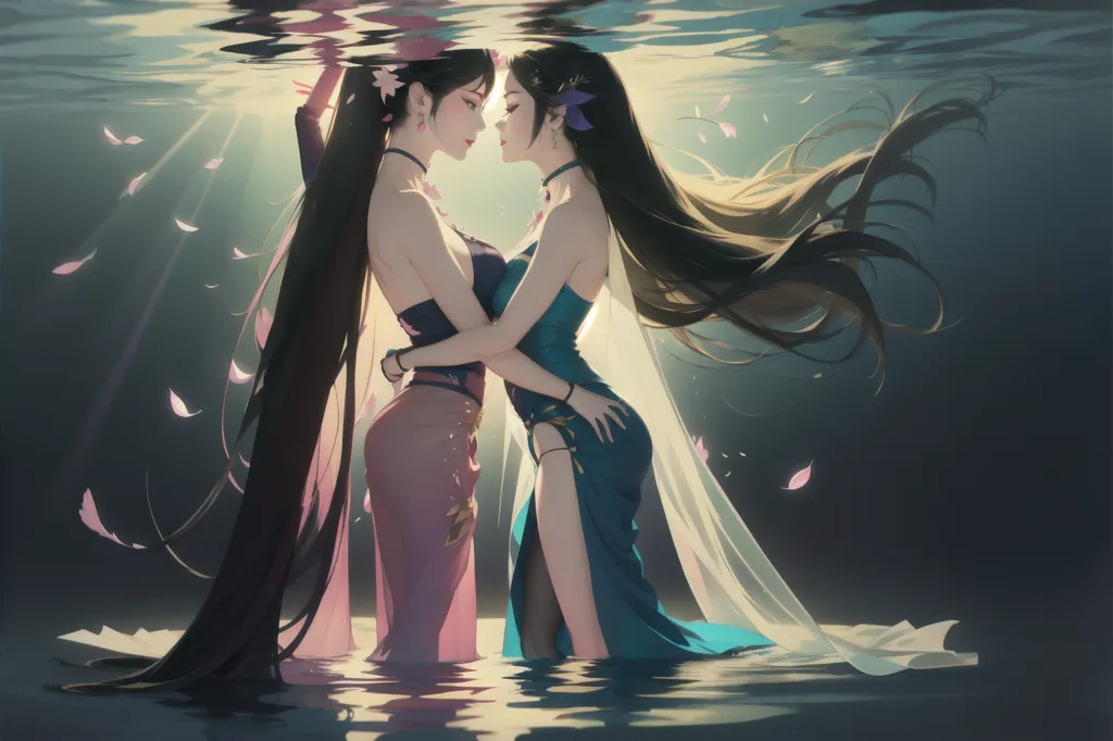 The image is of two beautiful women in cheongsams standing in water up to their waists. They are embracing each other. One woman is wearing a pink cheongsam with a high slit, and the other is wearing a blue cheongsam with a thigh-high slit. They both have long black hair and are looking at each other with serious expressions. The background is a dark blue color with a few small white flowers floating in the water.