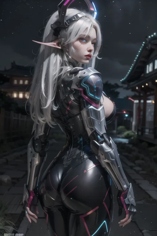 The picture shows a female character with long white hair and blue eyes. She is wearing a black and silver bodysuit with pink highlights. The suit has a futuristic design and appears to be made of metal. The character is standing in a dark, futuristic city. There are buildings and neon lights in the background.