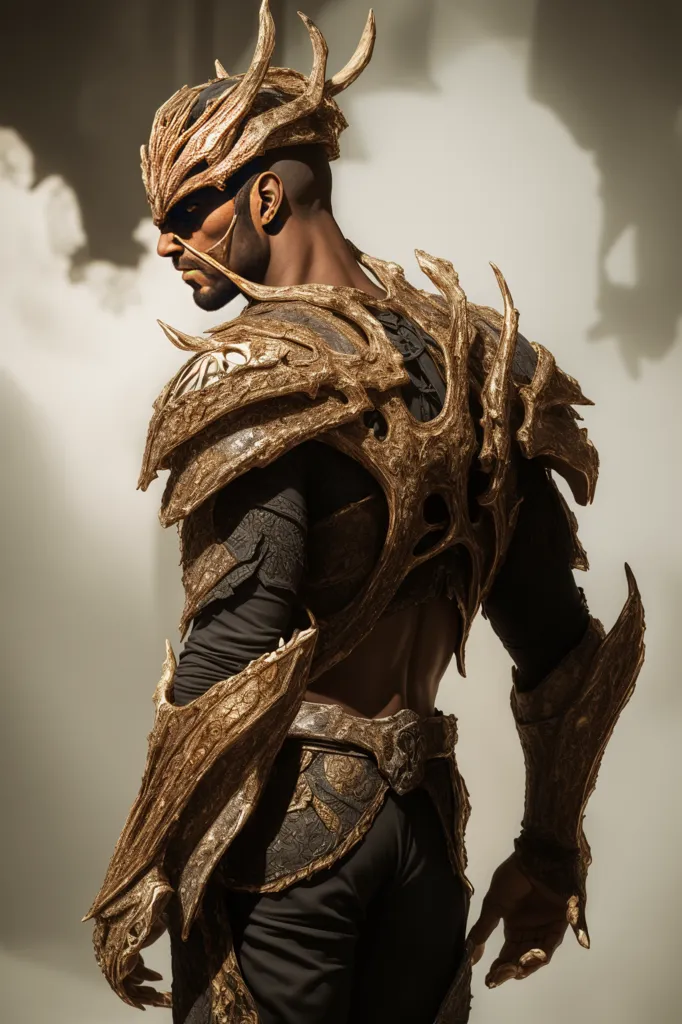 The image is of a man wearing a golden armor. The armor is made of intricate designs and has a horned helmet. The man is muscular and has a determined expression on his face. He is standing in a fighting stance, ready to attack. The background is a blur of light and dark colors.