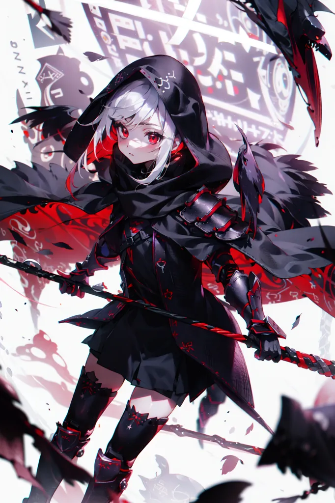 A girl in a black and red bodysuit and a black and red hood is standing in front of a white background with a red circle symbol behind her. She is holding a scythe in her right hand and is looking at the viewer with a serious expression. She has white hair and red eyes, and there are crows flying around her.