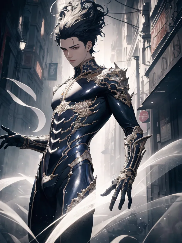 The image shows a young man with long black hair and red eyes. He is wearing a black and gold bodysuit with intricate designs. He is standing in a dark alleyway, surrounded by buildings. The light from the sky is shining down on him, illuminating his figure. He has a determined expression on his face, and it looks like he is ready for a fight.