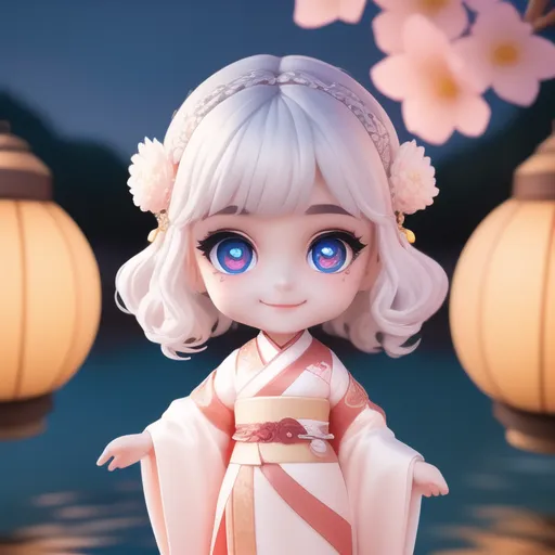 The image shows a cute anime girl with white hair and blue eyes. She is wearing a kimono with a pink and white pattern and has a flower in her hair. She is standing in a garden with cherry blossoms and there are two lanterns in the background. The girl is smiling and has her arms outstretched.