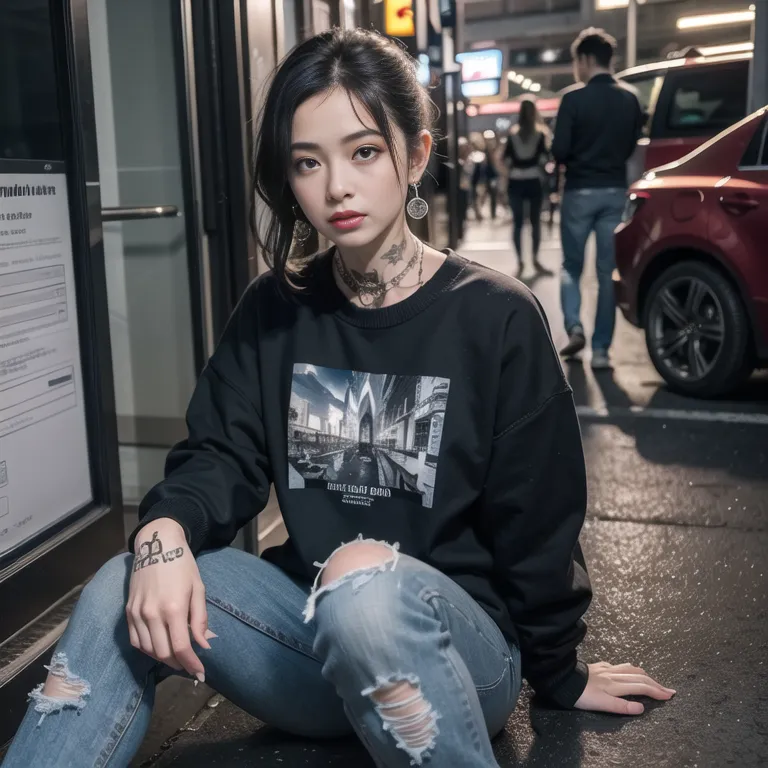 The image shows a young woman sitting on the sidewalk in front of a door. She is wearing a black sweater with a picture of a city on it, blue jeans with holes in the knees, and black boots. She has a tattoo on her left hand and a necklace with a pendant in the shape of a circle. Her long black hair is pulled back in a ponytail. She is looking at the camera with a serious expression. There are people walking in the background.