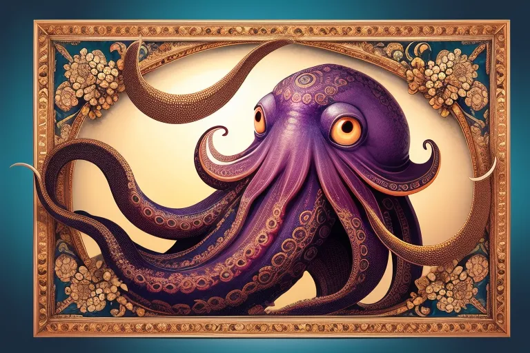 La imagen es un pulpo morado con ojos dorados y amarillos. Está dentro de un marco dorado con fondo azul. El pulpo parece estar sonriendo y tiene sus tentáculos enrollados de una manera caprichosa. El fondo tiene un patrón de pequeñas flores.