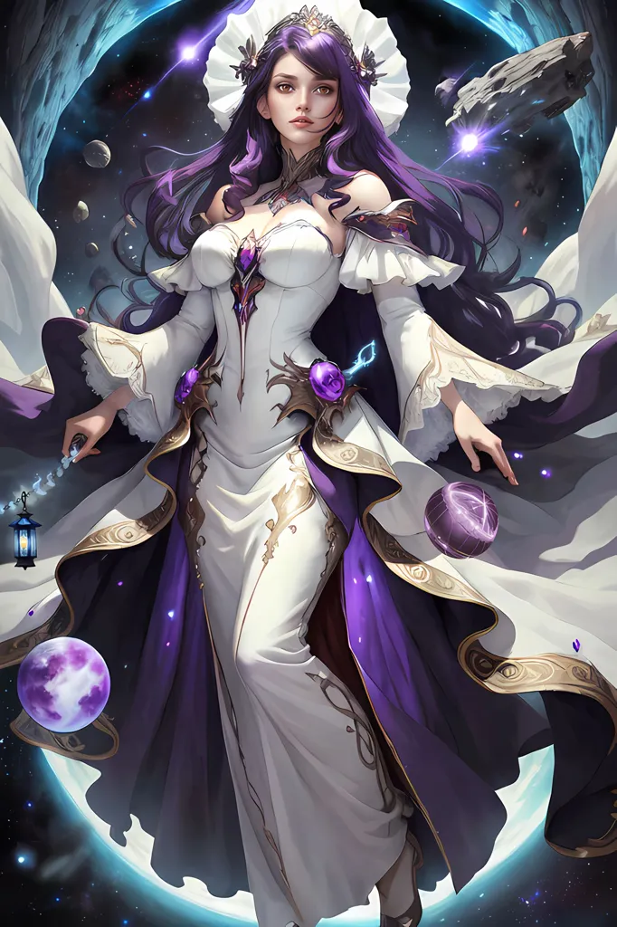 The image shows a beautiful woman with long purple hair wearing a white dress with purple and gold accents. She is standing in front of a blue and purple background with stars and planets. She has a serene expression on her face and is looking at the viewer. She is holding a staff in her right hand and a lantern in her left hand.