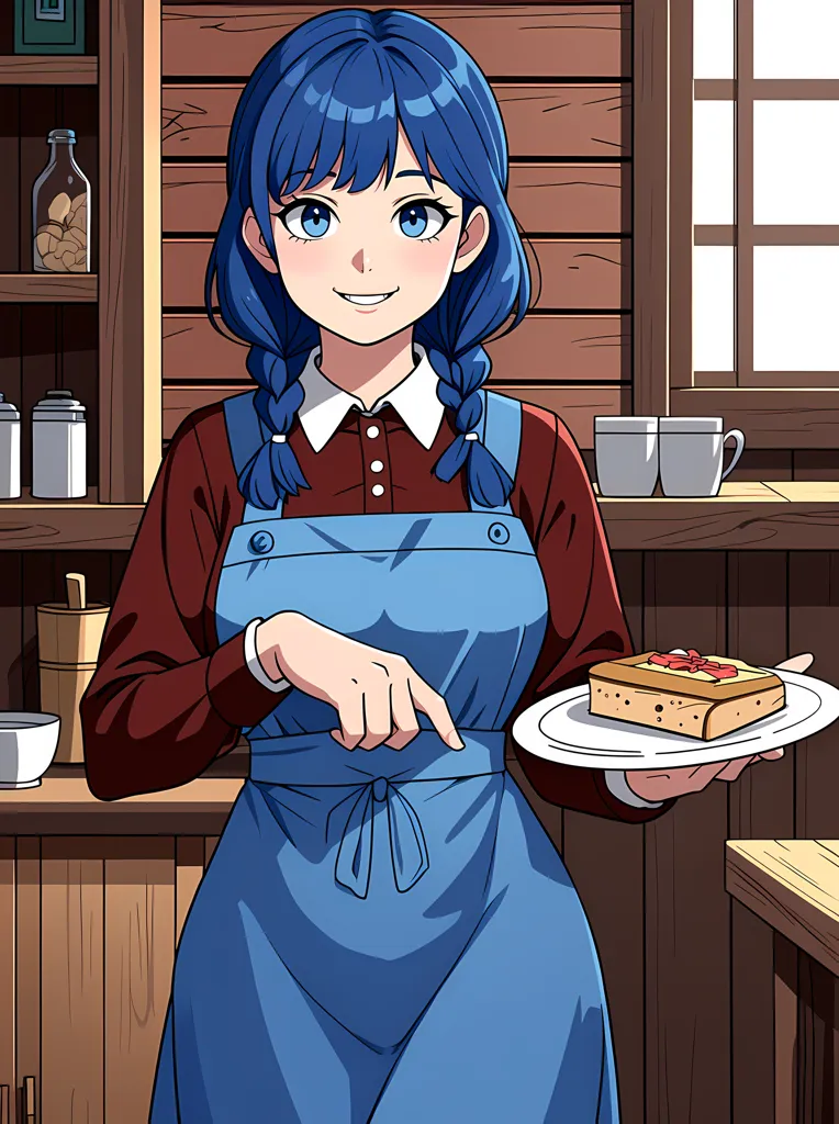 A young woman with blue hair and blue eyes is standing in a kitchen. She is wearing a red and white striped shirt, a blue apron, and her hair is in two braids. She has a plate in her hand with a slice of bread on it, and she is pointing at it with her finger. In the background, there is a wooden wall with a shelf on it. On the shelf are some jars and cups.