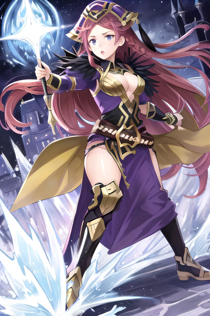 The image shows a young woman with long red hair and purple eyes. She is wearing a purple and gold outfit and a black cape. She is also wearing a pair of golden boots and a golden belt. She is holding a staff in her right hand and there is a bright light coming from the top of the staff. She is standing on a frozen lake and there is a castle in the background.