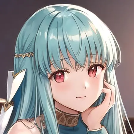 The image shows a young woman with long, light blue hair and red eyes. She is smiling and has a gentle expression on her face. She is wearing a white dress with a blue sash and has a gold necklace around her neck. Her hair is styled in a way that it is pulled back from her face and she has a small ahoge sticking up from the top of her head. She is sitting in a relaxed pose and has one hand resting on her cheek. The background is a soft, light blue color.