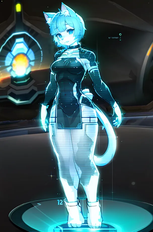 A imagem mostra um personagem de catgirl futurista com um esquema de cores azul e branco. Ela está usando um macacão preto com detalhes brancos e tem uma cauda semelhante a de um gato. Ela está em pé em uma plataforma com um círculo azul e há um fundo futurista atrás dela.