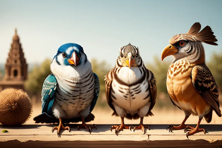 The image shows three birds sitting on a wooden fence in front of a stone building. The birds are all different colors and sizes. The bird on the left is a small, blue bird with a yellow belly and a black face. The bird in the middle is a larger, brown and white bird with a black face and a yellow beak. The bird on the right is a large, brown bird with a yellow belly and a black face.