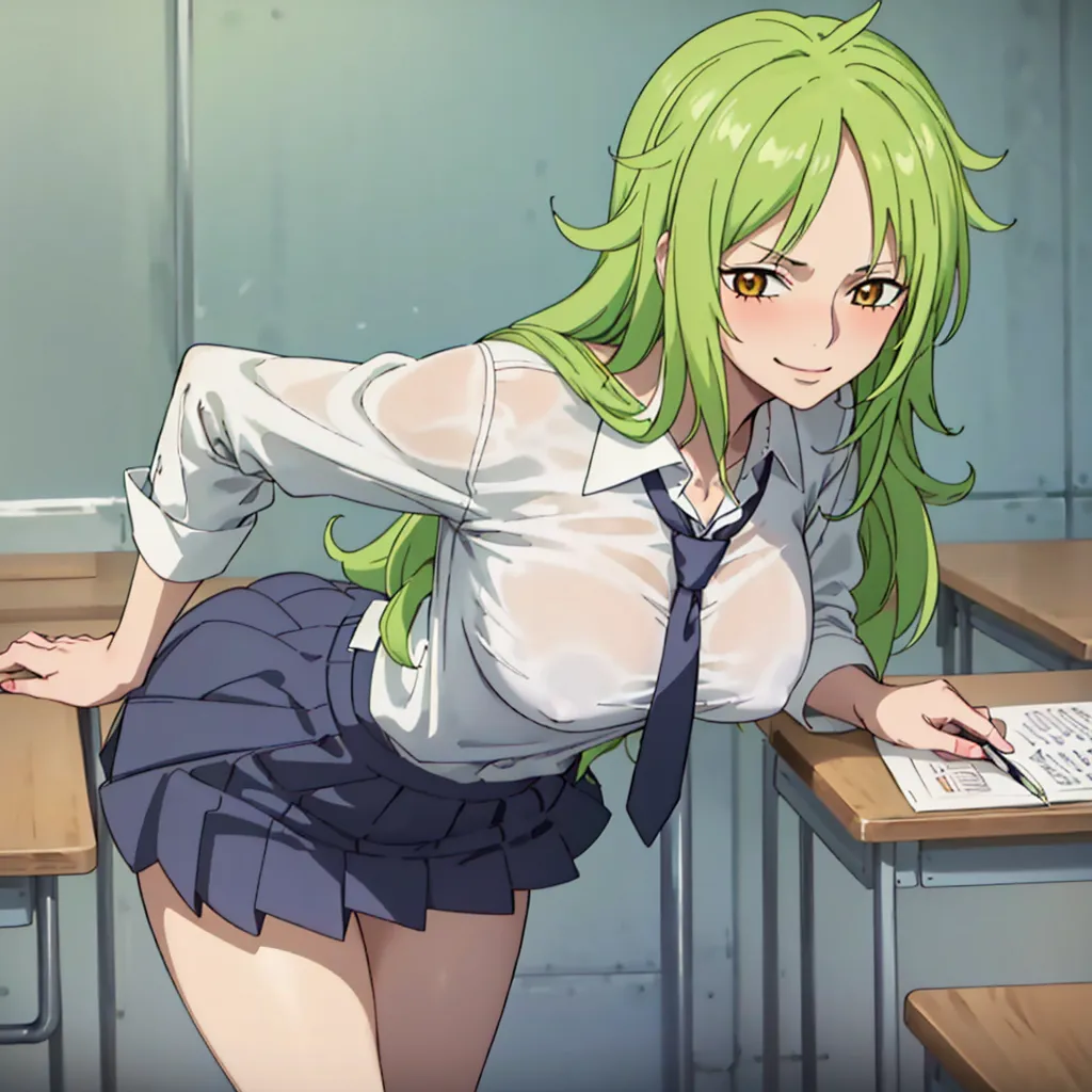 The image is of a young woman with green hair and brown eyes. She is wearing a white button-down shirt that is wet and partially unbuttoned, a gray tie, and a short black skirt. She is sitting at a desk in a classroom, leaning forward with one hand on the desk and the other holding a pen. She has a confident expression on her face and is looking at the viewer.