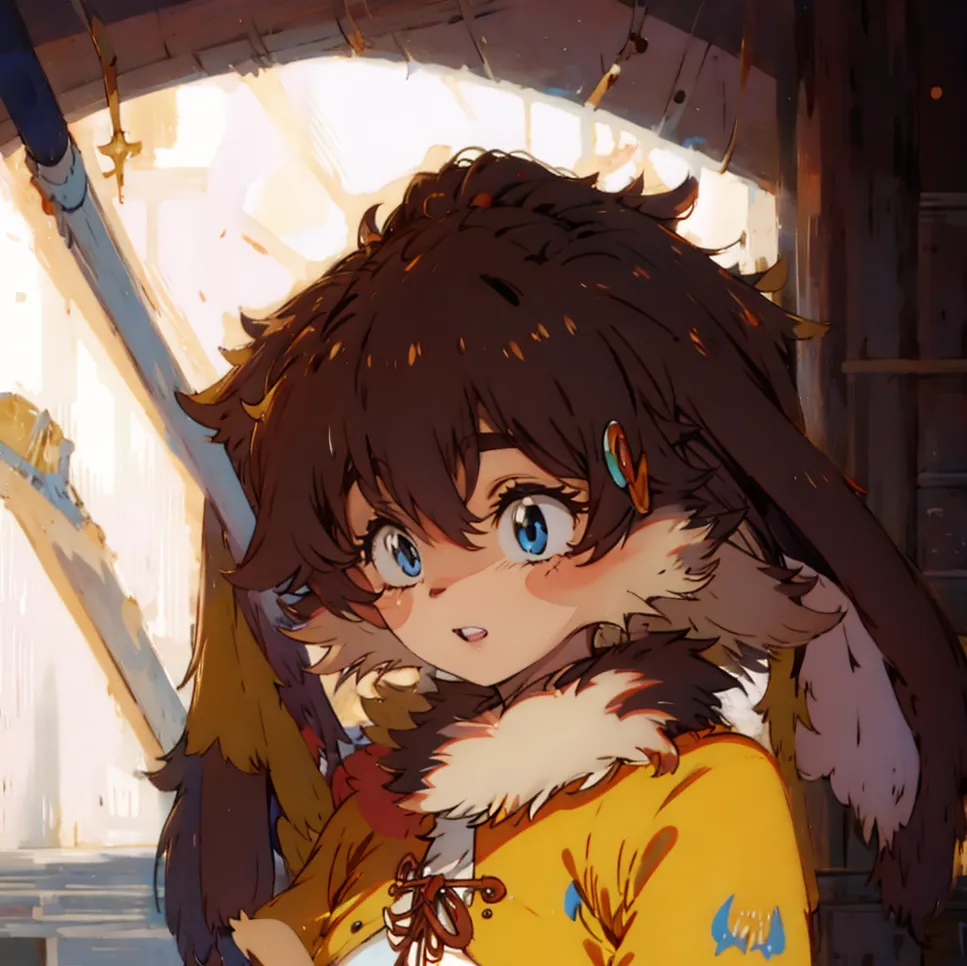 The image is a painting of a young woman with brown hair and blue eyes. She has rabbit-like ears and is wearing a yellow jacket with a white fur collar. She is standing in a doorway, looking out at the viewer. The background is blurry, but it looks like there is a town or city in the distance. The painting is done in a realistic style, and the artist has paid close attention to detail. The woman's expression is one of curiosity and wonder, and she seems to be taking in the world around her for the first time. The painting is both beautiful and thought-provoking, and it invites viewers to imagine what the woman is thinking and feeling.