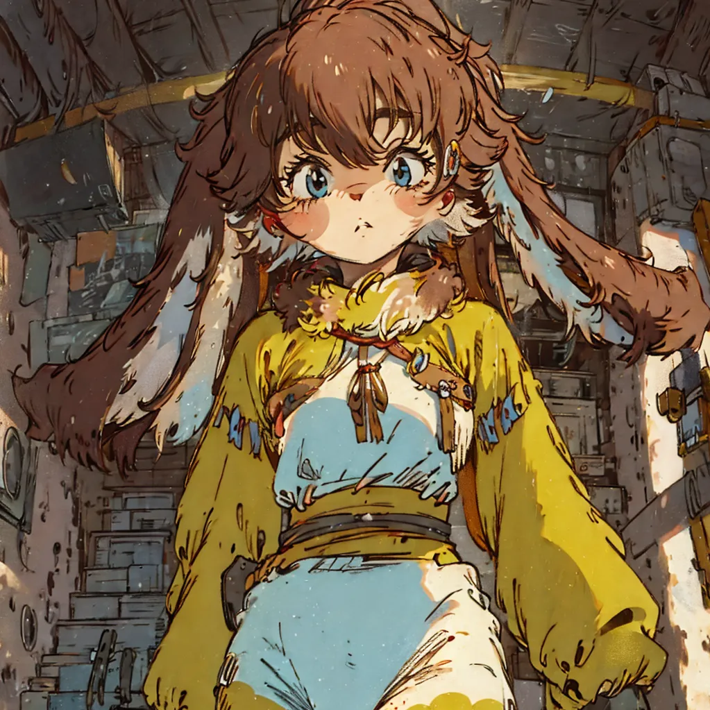 The image is of a young girl with long brown hair and rabbit ears. She is wearing a yellow jacket with a white collar and blue pants. She is standing in a room with a wooden floor and a metal wall. There is a large window in the background. The girl is looking at the viewer with a curious expression on her face.