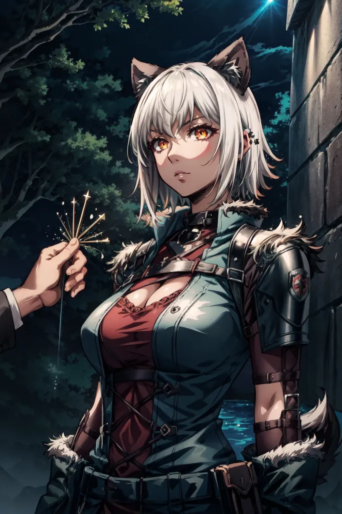 The image is of a beautiful anime-style girl with wolf ears. She is wearing a revealing outfit that is mostly blue with some red and brown. She has a serious expression on her face and is looking at the viewer. She is standing in a dark forest and there is a hand holding out a lighter to her.