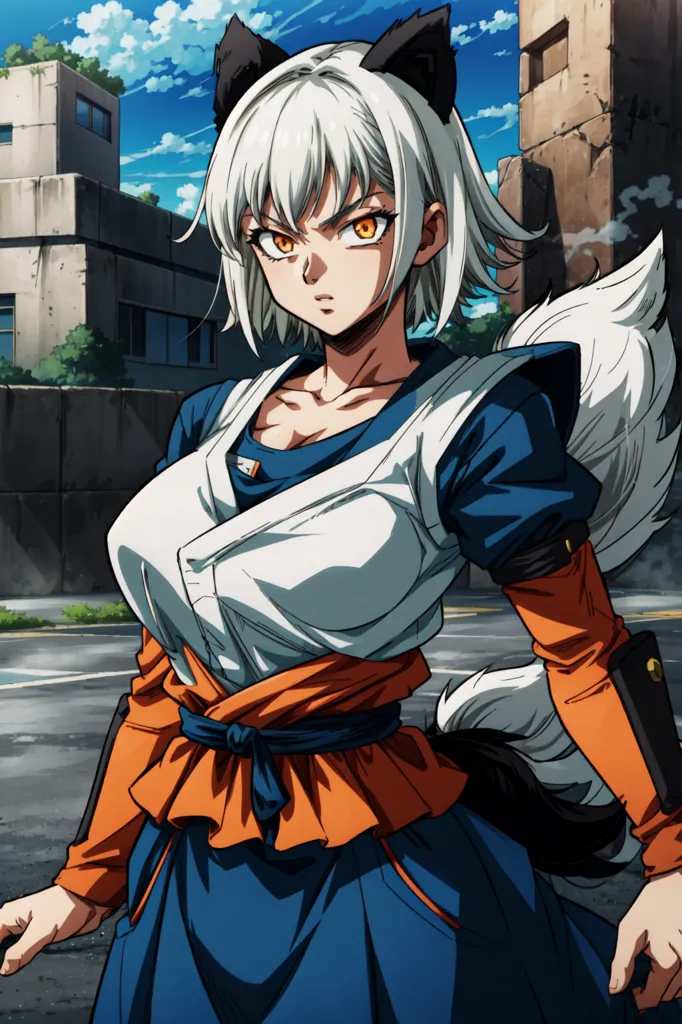 The image is of a young woman with white hair and orange eyes. She is wearing a blue and orange martial arts outfit. She has a serious expression on her face. She is standing in a destroyed city. There are ruins of buildings in the background. The sky is blue and there are clouds in the background.