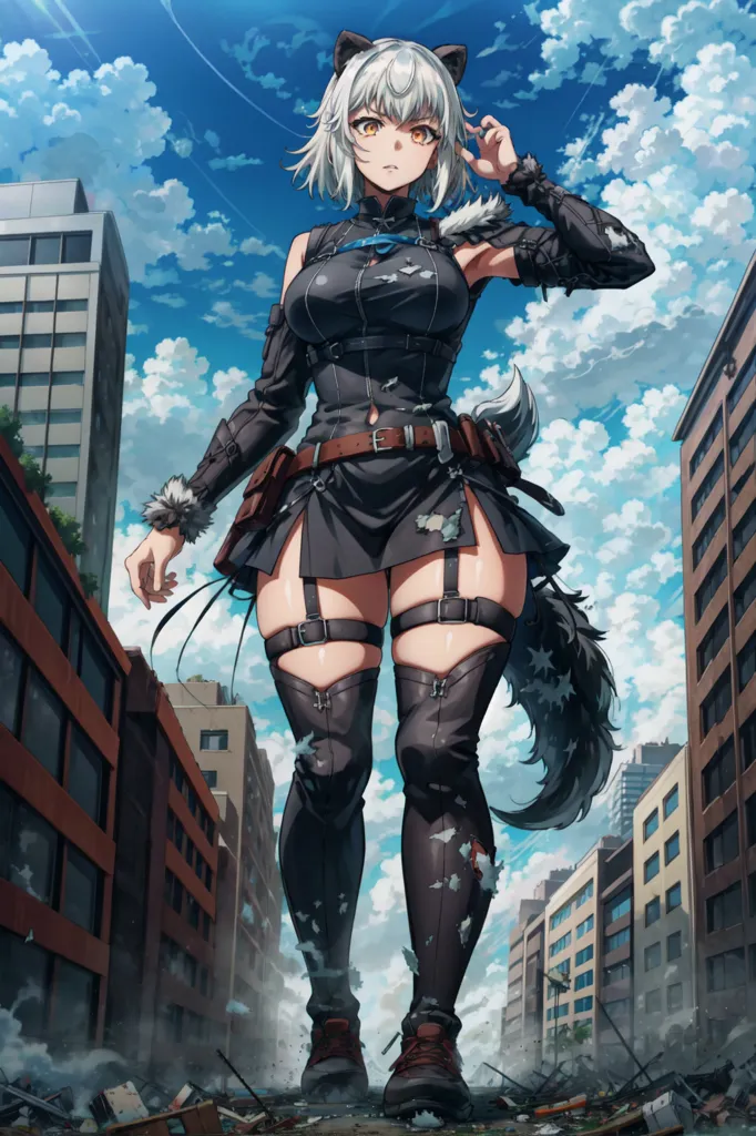 The image shows a tall, muscular woman with wolf ears and a tail. She is wearing a black leather outfit and is standing in a city. The woman is looking at the viewer with a serious expression on her face. She has white hair and blue eyes. Her outfit is torn and she has a few scratches on her body. The city is in ruins and there are several buildings in the background. The sky is blue and there are some clouds in the sky.