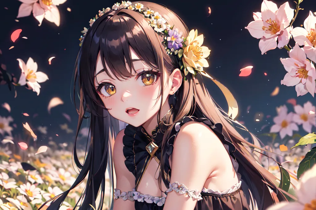 La imagen es de una chica de anime con el cabello largo y castaño y ojos amarillos. Lleva un vestido negro con cuello blanco y una flor amarilla en el cabello. Está de pie en un campo de flores blancas y rosas y tiene una expresión sorprendida en el rostro. También hay algunos pétalos de flores flotando en el aire a su alrededor.