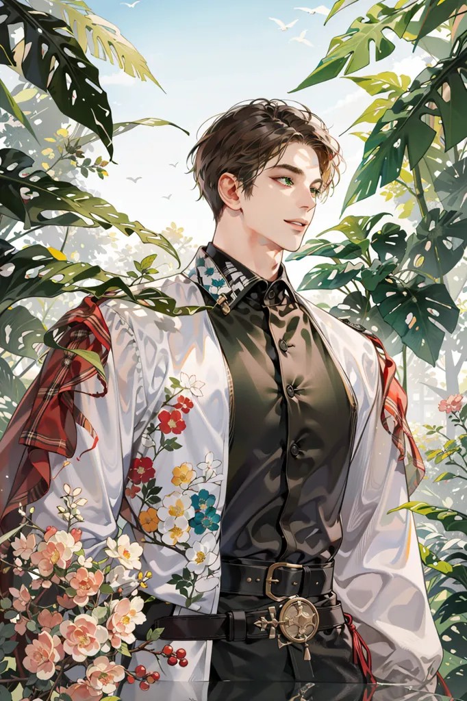 The image shows a handsome young man with green eyes and brown hair. He is wearing a white shirt, black vest, and white pants. The shirt is decorated with colorful floral embroidery. He is also wearing a brown belt with a gold buckle and a white cape with a red and green tartan pattern. The man is standing in a lush garden, surrounded by green plants and flowers. He has a gentle smile on his face and looks like he is enjoying the beauty of nature.