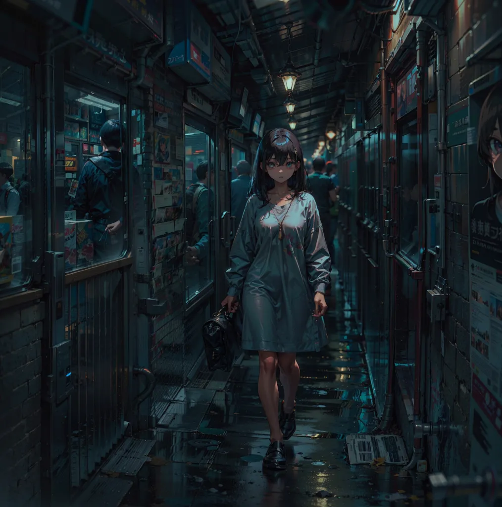 The image is a dark and rainy alleyway in a city. The alleyway is lit by a few lanterns and the light from the shops. The ground is wet and there is a puddle in the middle of the alleyway. A girl is walking down the alleyway. She is wearing a long blue dress and she has a bag over her shoulder. She is looking down at the ground as she walks. There are a few people standing in the doorways of the shops. They are watching the girl as she walks by.