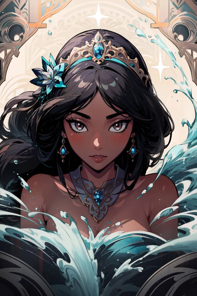 This is an image of a woman with long, dark hair and brown eyes. She is wearing a gold and blue headpiece and a blue necklace. She is standing in front of a white background, and there is water splashing around her. She is looking at the viewer with a serious expression.