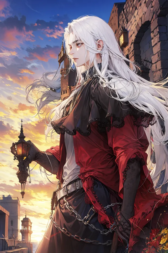 The image is of a beautiful young man with long white hair and silver eyes. He is wearing a red and black outfit and a black hat. He is holding a lantern in his right hand. He is standing in front of a large building, which appears to be a castle. The sky is dark and cloudy.