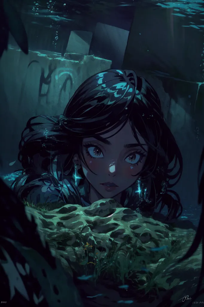 A dark-haired girl is seen from the neck up. She is submerged in water and looking up at the viewer with wide eyes. The light from above is reflecting off her face. She is wearing blue star-shaped earrings.