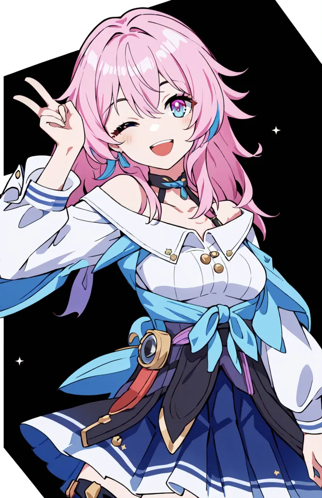 The image shows a young woman with pink hair and blue eyes. She is wearing a white shirt with a blue bow and a blue skirt. She has a cheerful expression on her face and is winking at the viewer. There are stars in the background.