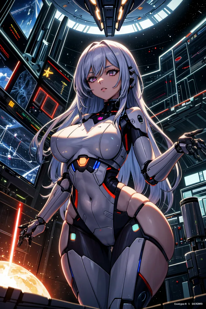 The image is of a beautiful anime girl with long silver hair and purple eyes. She is wearing a white and gray bodysuit with a large V-neckline and a high collar. The bodysuit has black and blue accents and several glowing blue lines running along her sides and arms. She is also wearing a pair of black boots with blue soles. She has a confident expression on her face and is standing in a powerful pose with her right hand outstretched and her left hand resting on her hip. She is standing in front of a futuristic control panel with several screens and buttons. There is a large window behind her showing a view of outer space with a planet in the distance.