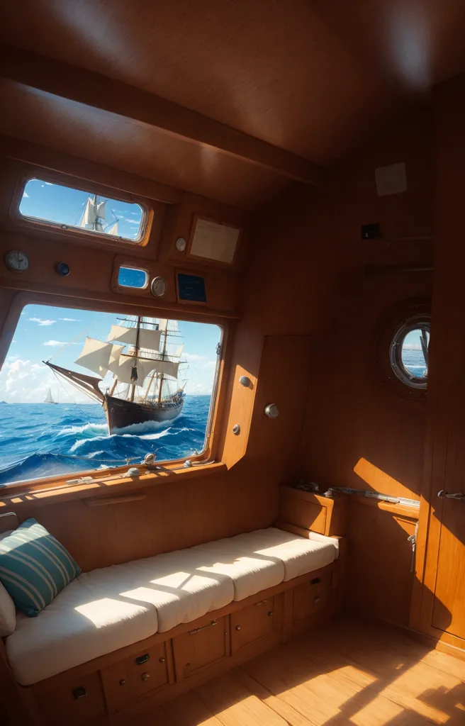 The image shows the interior of a wooden cabin. There is a large window on the left side of the cabin, a bunk bed on the right side, and a door on the right side. The window looks out onto a vast ocean, with a large sailing ship in the distance. The cabin is decorated with wood paneling and white cushions. There is a clock on the wall above the bed.