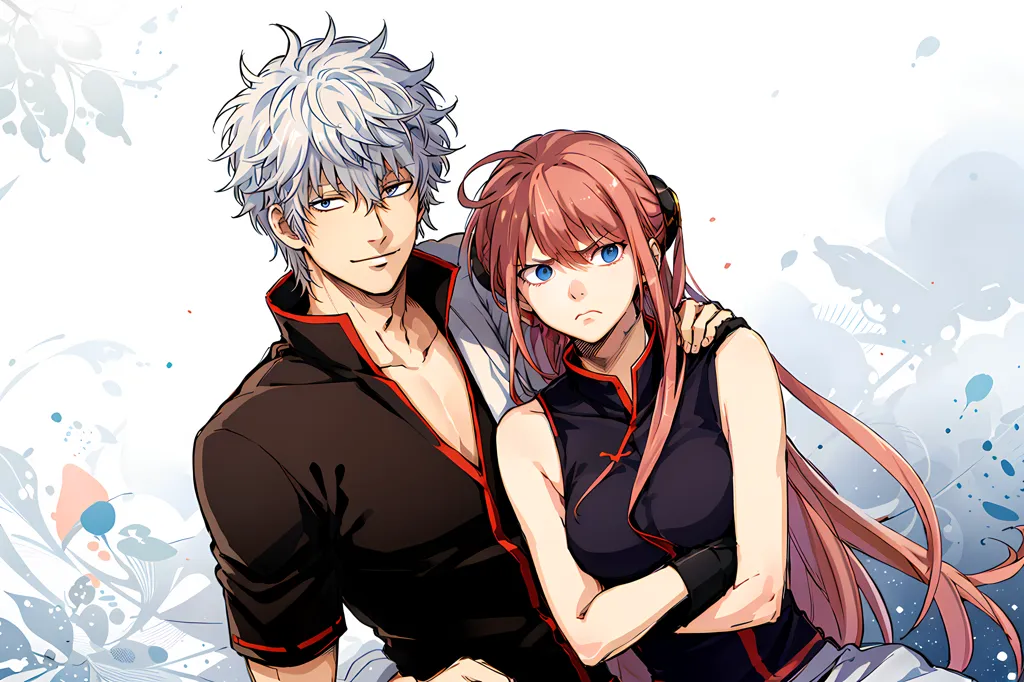 The image contains a man and a woman. The man has white hair and silver eyes, and he is wearing a black shirt with a red sash. The woman has pink hair and blue eyes, and she is wearing a black cheongsam-style dress with red accents. She has her arms crossed in front of her chest and is looking at the man with an annoyed expression. The man has his hand on her shoulder, and he is looking at her with a smile. The background is white, with some light blue and pink accents.