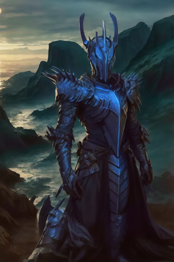 The image is of a knight in full plate armor. The armor is dark blue and has a horned helmet. The knight is standing on a cliff, looking out over a dark sea. The sky is dark and there are mountains in the background. The knight is holding a sword in one hand and a shield in the other. The shield has a design of a skull on it. The knight is standing in a confident pose, ready to face any challenge.