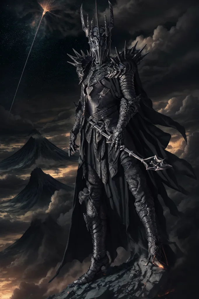 The image is of a tall, dark figure standing on a rocky cliff. The figure is wearing a black cloak and a suit of black armor. The armor is covered in spikes and has a skull-like face on the chest. The figure's helmet has two large horns and a visor that covers its face. The figure is holding a large, two-handed sword. The background of the image is a dark, stormy sky with mountains in the distance.