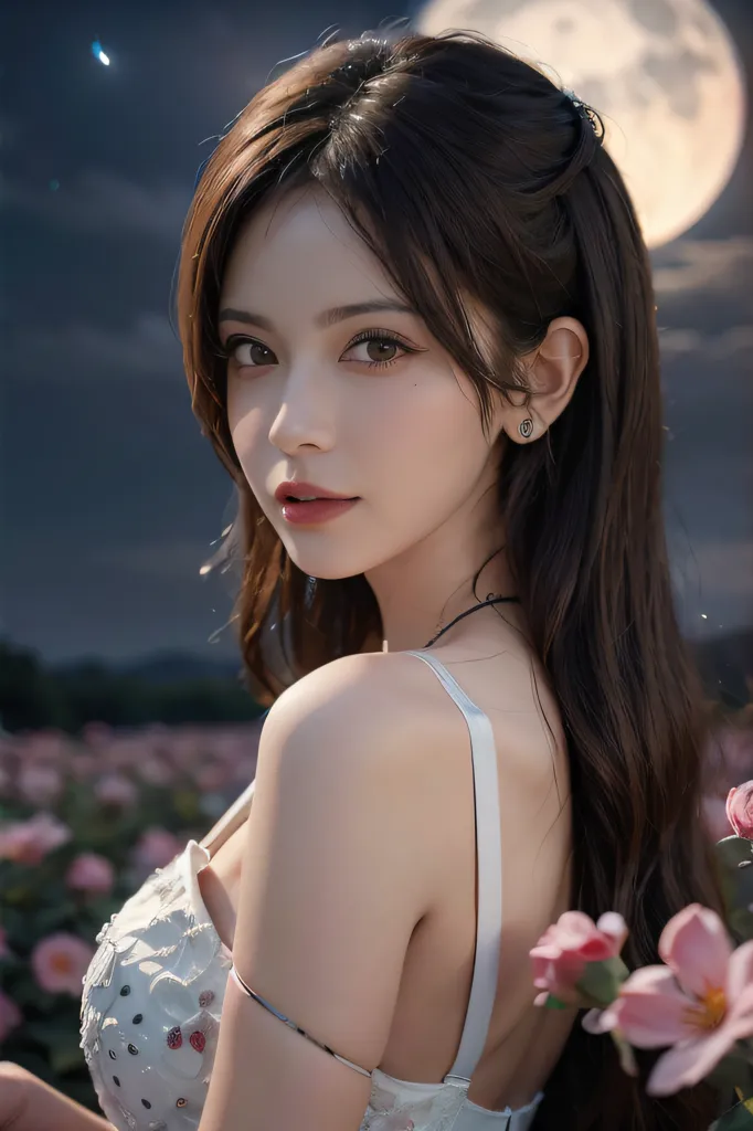 La imagen es un retrato de una hermosa mujer joven con cabello castaño largo y ondulado. Lleva un vestido blanco con escote de corazón y una abertura hasta el muslo, y está de pie en un campo de flores rosas. El fondo es un cielo nocturno azul oscuro con una luna llena. La mujer mira al espectador con una sonrisa serena en su rostro. Lleva un collar de plata con un pequeño colgante en forma de media luna y una pulsera de plata en la muñeca derecha. Su cabello está peinado en un estilo medio recogido, medio suelto, con la mitad superior recogida en un moño suelto y la mitad inferior suelta. Tiene un maquillaje natural y suave, con un tono de ojos ligeramente ahumado en tonos rosas y marrones, y labios brillantes en tono nude.