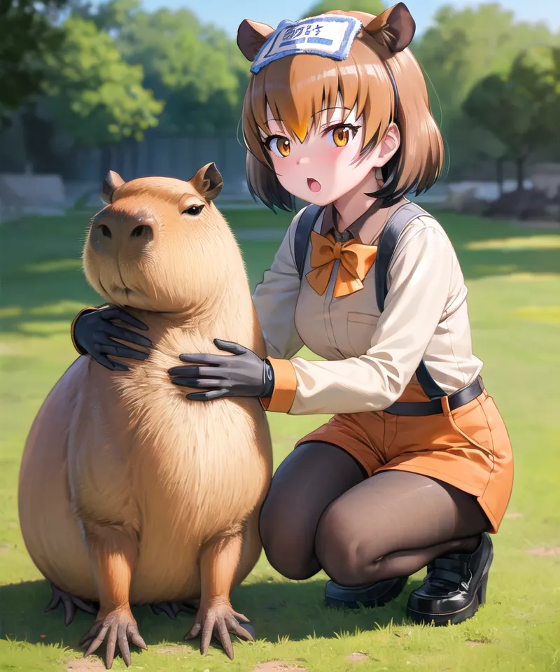 The image shows an anime girl with brown hair and orange eyes. She is wearing a white shirt, orange shorts, a brown hat, and black boots. She is kneeling on the grass and petting a capybara. The capybara is brown and has a white belly. It is standing on the grass and looking at the girl. In the background, there are trees.