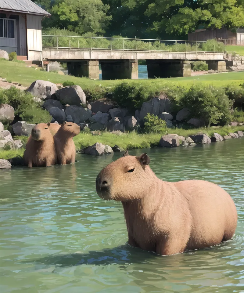 Cette image montre trois capybaras dans une rivière. Le capybara de gauche est debout sur la berge, tandis que les deux autres nagent. Le capybara de droite fait face à la caméra. Il y a un pont en arrière-plan.