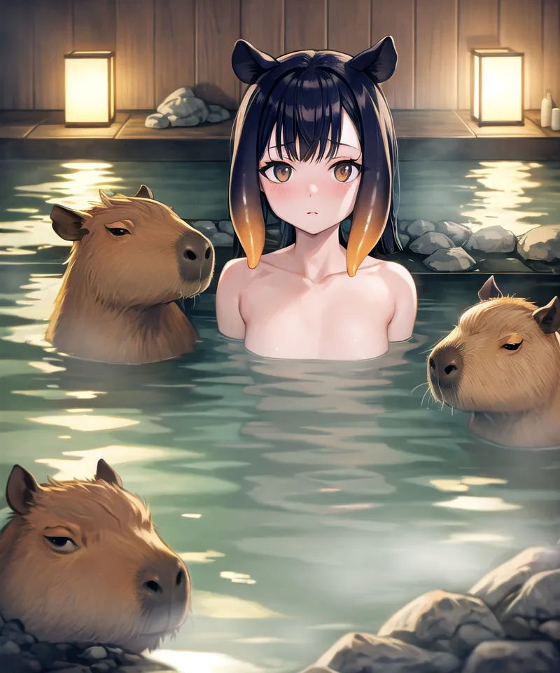 The image depicts an anime-style girl with black hair and orange eyes bathing in a hot spring with three capybaras. The girl is sitting in the middle of the hot spring, with the capybaras on either side of her. The girl is wearing a white bathing suit, and the capybaras are brown and black. The hot spring is surrounded by rocks and there are two lanterns on the left side. The girl has cat ears and a tail.