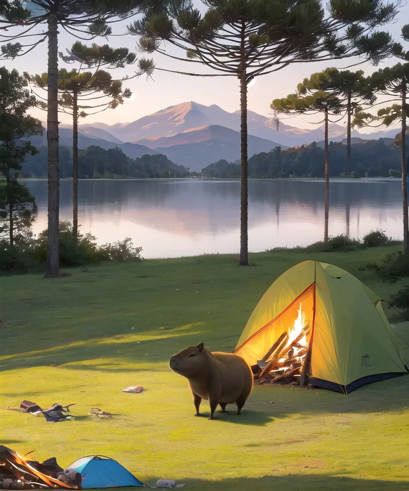 This is a digitally generated image. It shows a capybara standing in front of a tent. The capybara is looking at the camera. There is a campfire in front of the tent and a lake and mountain range in the background. The tent is green and there is a blue tent on the ground. There are trees on the left side of the image.