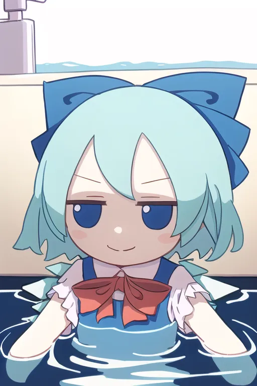 The image is of a chibi-style character with blue hair and red eyes. She is wearing a blue and white dress with a red ribbon on the front. She is sitting in a bathtub full of water, and she has a smug expression on her face. The background is white, and there is a faucet on the left side of the image.