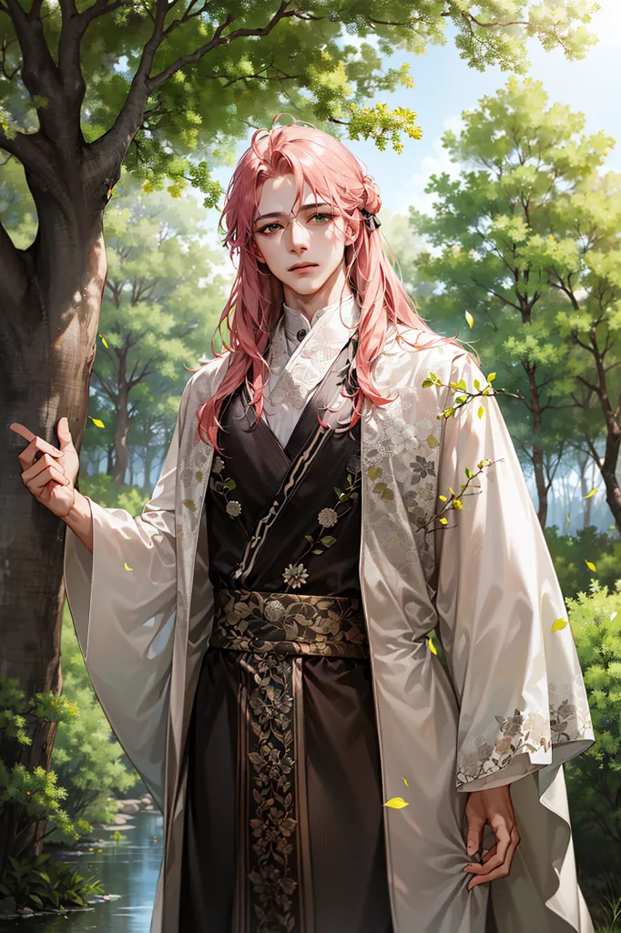 The image shows a young man with pink hair, pale skin, and light pink eyes. He is wearing a white robe with a dark purple sash and a black outer robe with white and gold trim and floral embroidery. He is standing in a forest, leaning against a tree with one hand and the other hand hanging by his side. He has a serene expression on his face.