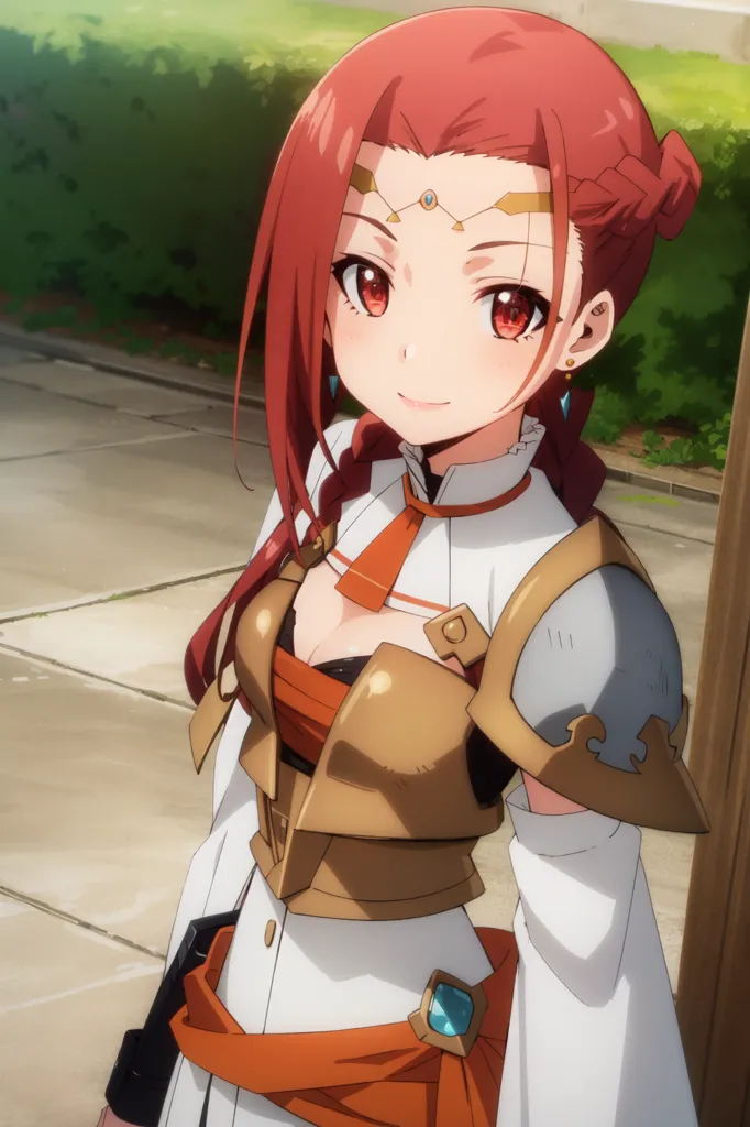 The image shows a young woman with red hair and red eyes. She is wearing a white and brown outfit with a red sash and a brown belt. She has a sword on her left hip and a dagger on her right hip. She is standing in a street with a building to her right and greenery to her left.