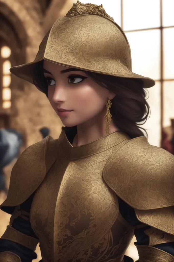 The image shows a young woman in a golden armor. She is wearing a helmet with a wide brim and a gorget. The armor has intricate designs etched into the metal. The woman has long brown hair and brown eyes. She is looking to the side with a serious expression.